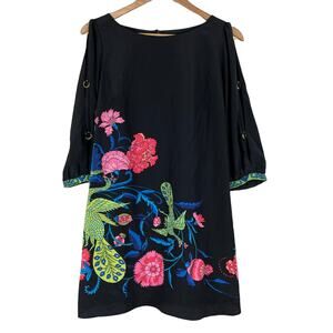Tibi New York Peacock Floral Dress 100% Silk Size 4 Split Sleeves Gold Hardware